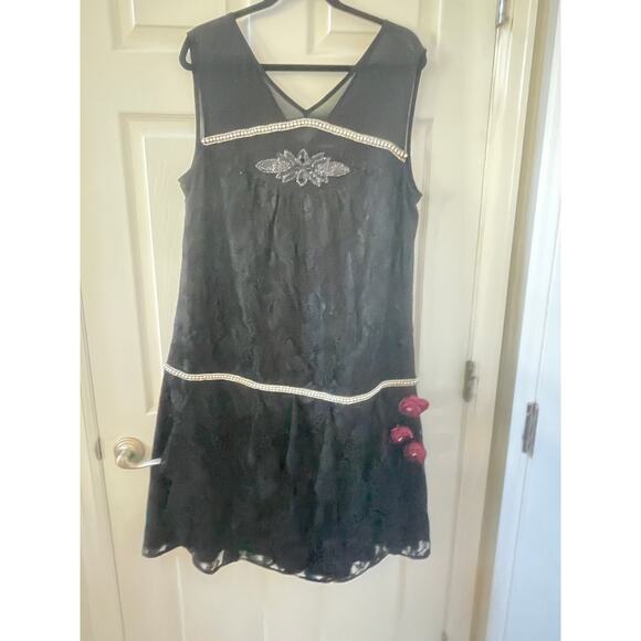 Unique Vintage Black Lace & Red Flowers Ruffle Flapper Dress 1920S Sz1X # 30 - Picture 6 of 10